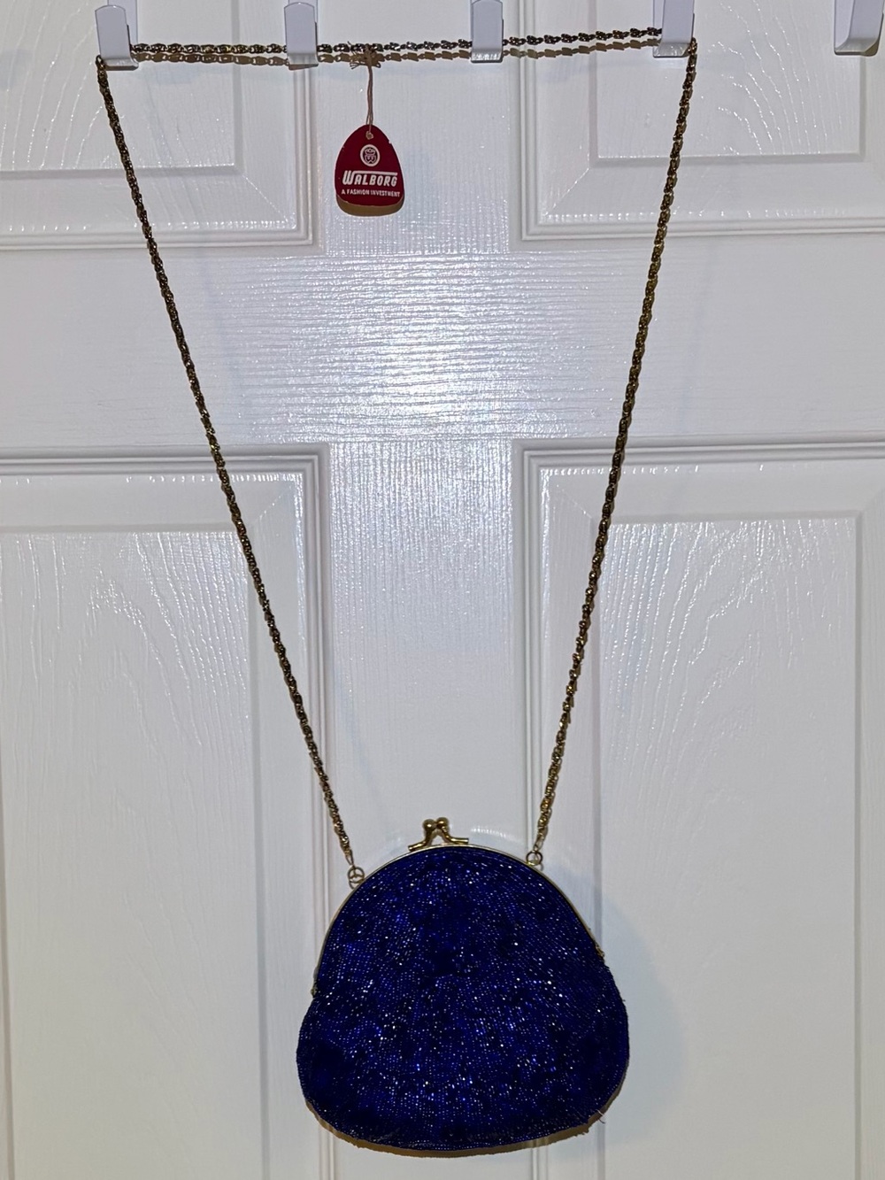 NWT Walborg Navy Blue Beaded Evening Crossbody Evening Bag with Gold Chain - Picture 3 of 9
